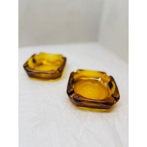 Vintage MCM Amber Glass Ashtray Set Mid Century Modern Square Honey Gold 2pc 4in